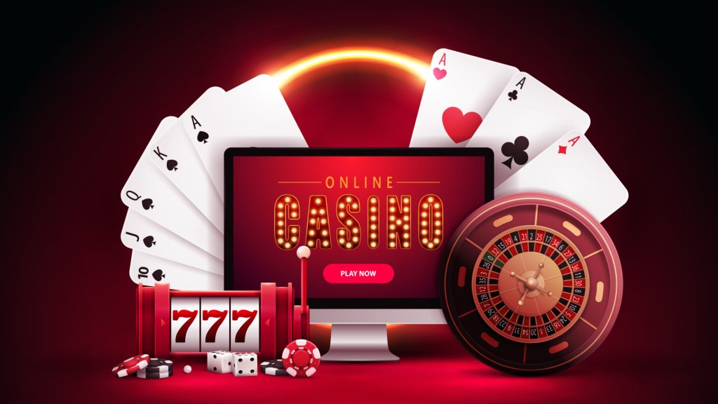 online-casino-red-banner-with-monitor-slot-machine-casino-roulette-poker-chips-and-playing-cards-in-red-scene-with-orange-neon-ring-on-background-vector